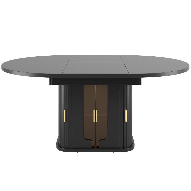 Extendable Dining Table with Glass Doors and Hidden Storage, Space-Saving Oval Dining Table for Up to 6 People, 120-160L x 118W x 77H cm, Black
