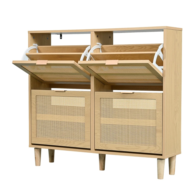 Modern Rattan Shoe Cabinet with 4 Flip Drawers, Space-Saving Storage Organiser Cupboard with Adjustable Shelves, 100L x 25W x 90.5H cm, Light Oak