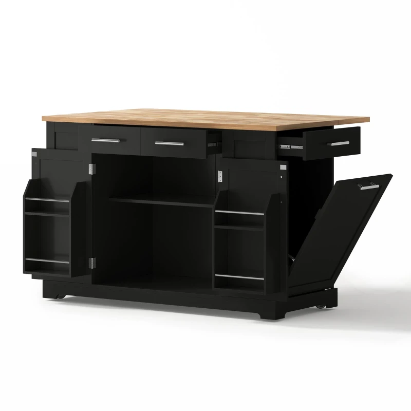 Modern Rolling Kitchen Island Trolley with Woodgrain Worktop, Mobile Storage Cart Unit with Pull-Out Bin Compartment, 138L x 86W x 92H cm, Black