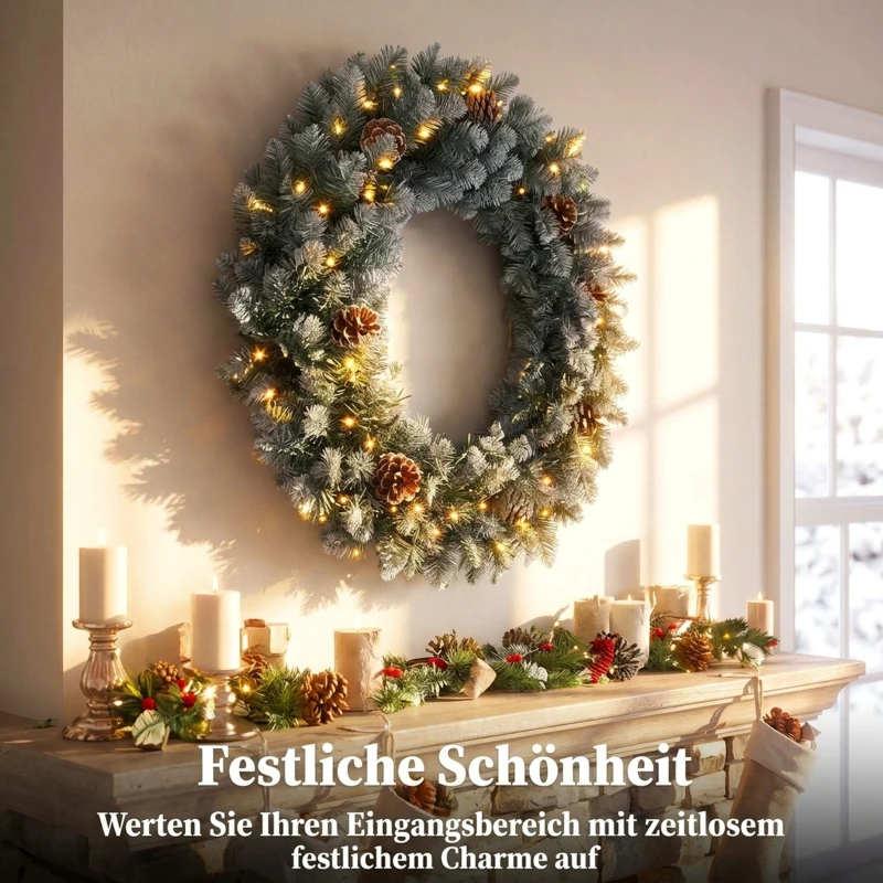 HOMCOM Verlichte kerstkrans 60 cm met 50 leds, dennenappels en sneeuwlook voor kerst en voordeur