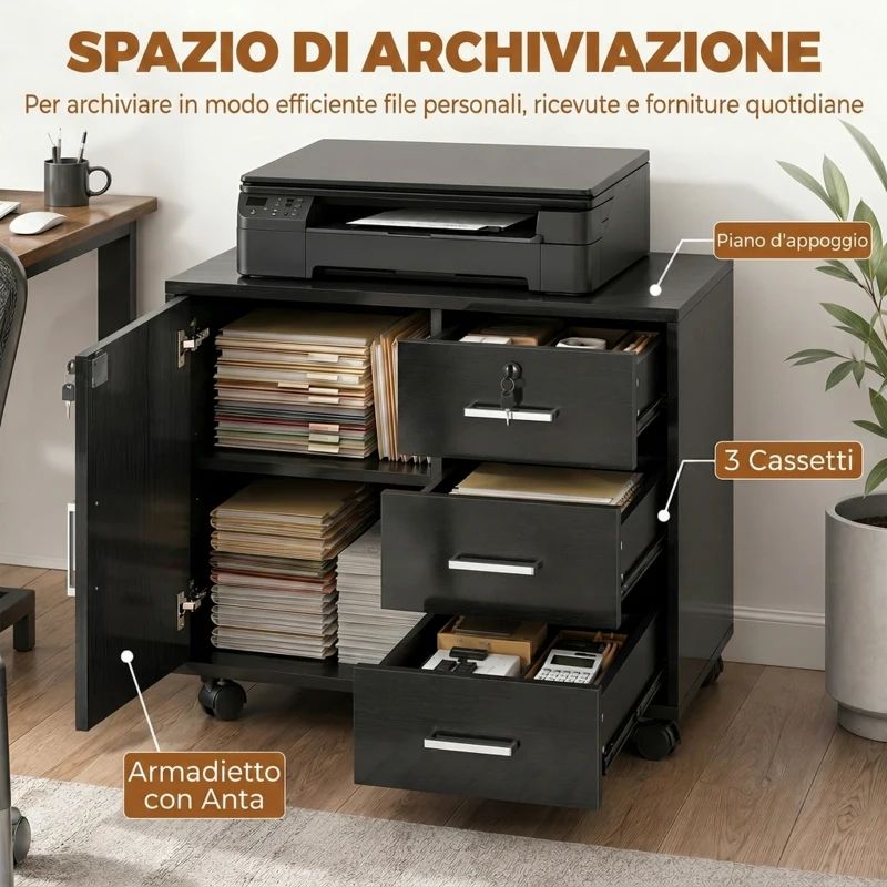 HOMCOM Mobile Con 3 Cassetti, Mensola Regolabile, Supporto Stampante e Serratura, Nero