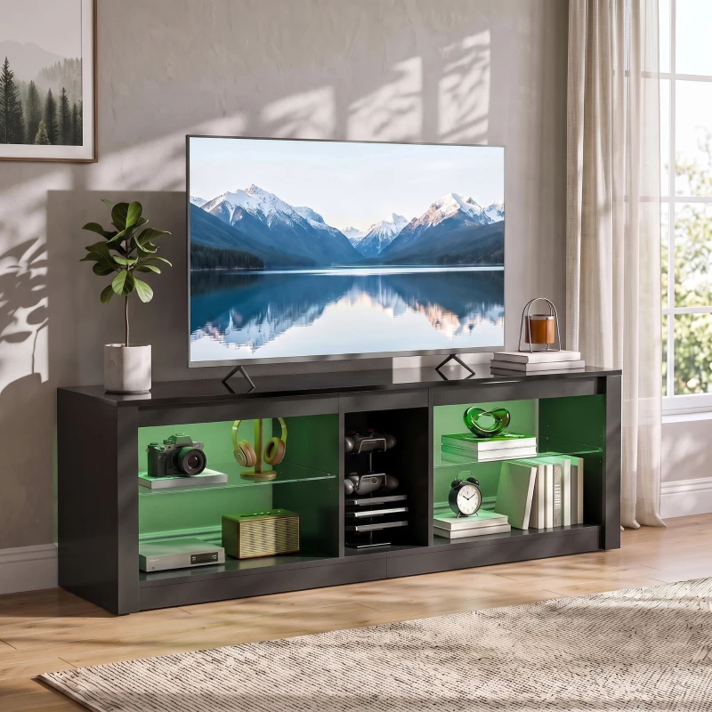 HOMCOM TV Stand Cabinet with LED Lights and Remote Control for TVs up to 65", Entertainment Centre with Storage Shelves, Black