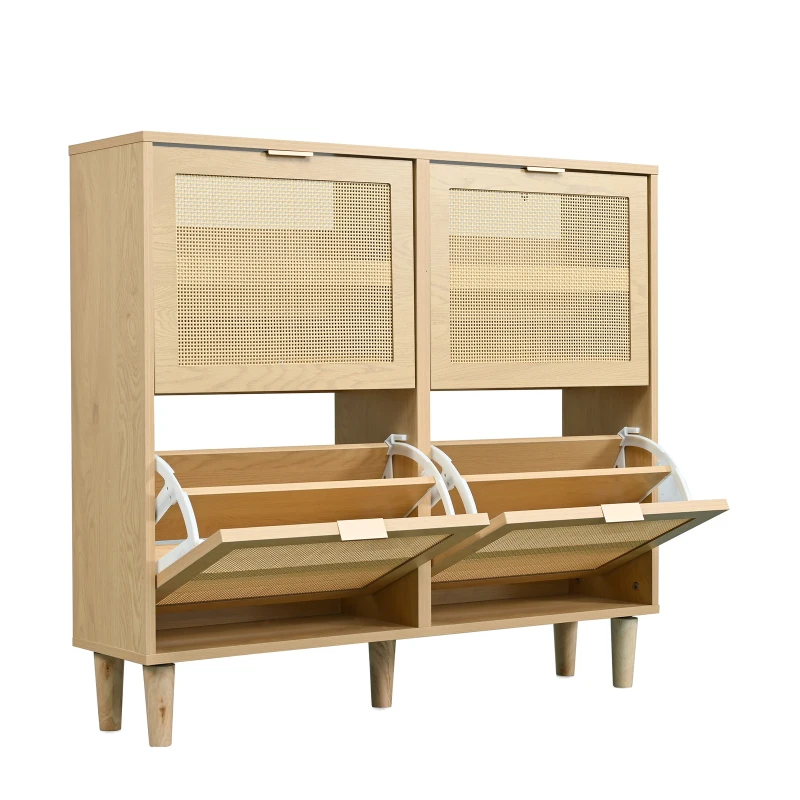 Modern Rattan Shoe Cabinet with 4 Flip Drawers, Space-Saving Storage Organiser Cupboard with Adjustable Shelves, 100L x 25W x 90.5H cm, Light Oak