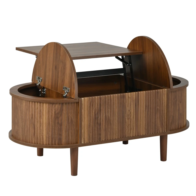 Vintage-Style Oval Coffee Table with Lift-Top and Storage, Multifunctional Storage Table for Living Room, 100L x 48W x 53.5H cm, Walnut