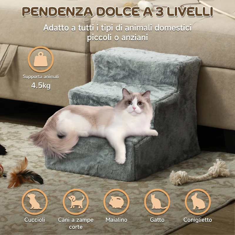 PawHut Scala per Cani a 3 Gradini, Scaletta per Cani e Gatti di 4.5 kg in Velluto Sfoderabile e Lavabile, Grigio Chiaro
