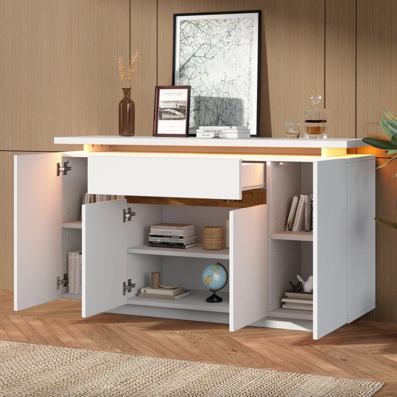 Modern LED Sideboard with 4 Doors and Large Drawer, Freestanding Buffet Cupboard for Living Room, 140L x 40W x 80H cm, White+Natural