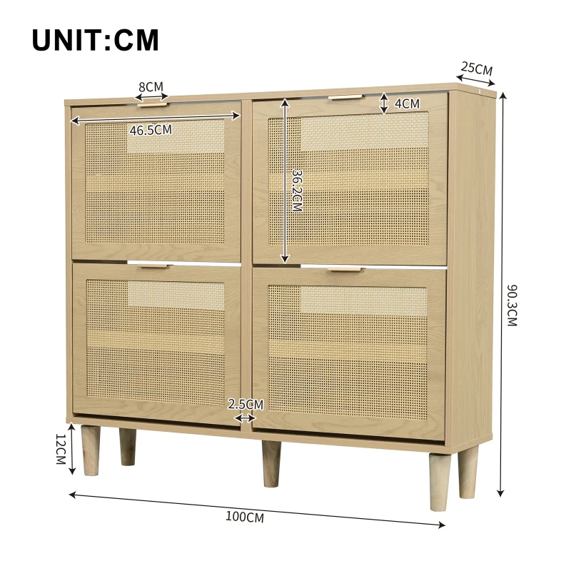 Modern Rattan Shoe Cabinet with 4 Flip Drawers, Space-Saving Storage Organiser Cupboard with Adjustable Shelves, 100L x 25W x 90.5H cm, Light Oak