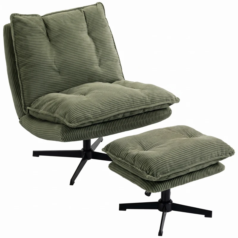 HOMCOM Loungesessel mit Hocker, 360° drehbar, Cordbezug, höhenverstellbare Fußstütze, Grün