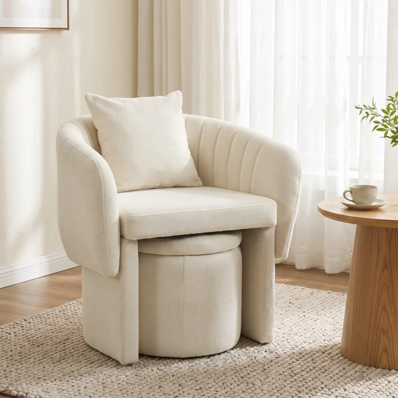 HOMCOM Fotoliu relax cu taburet, fotoliu lounge cu spătar curbat, cotiere, capitonat chenille nordic, bej