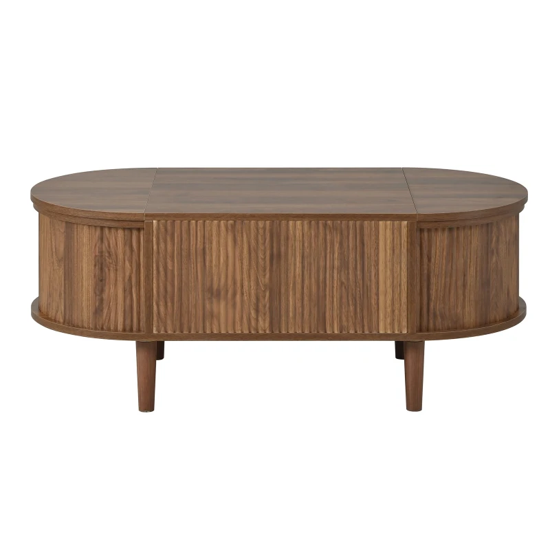 Vintage-Style Oval Coffee Table with Lift-Top and Storage, Multifunctional Storage Table for Living Room, 100L x 48W x 53.5H cm, Walnut