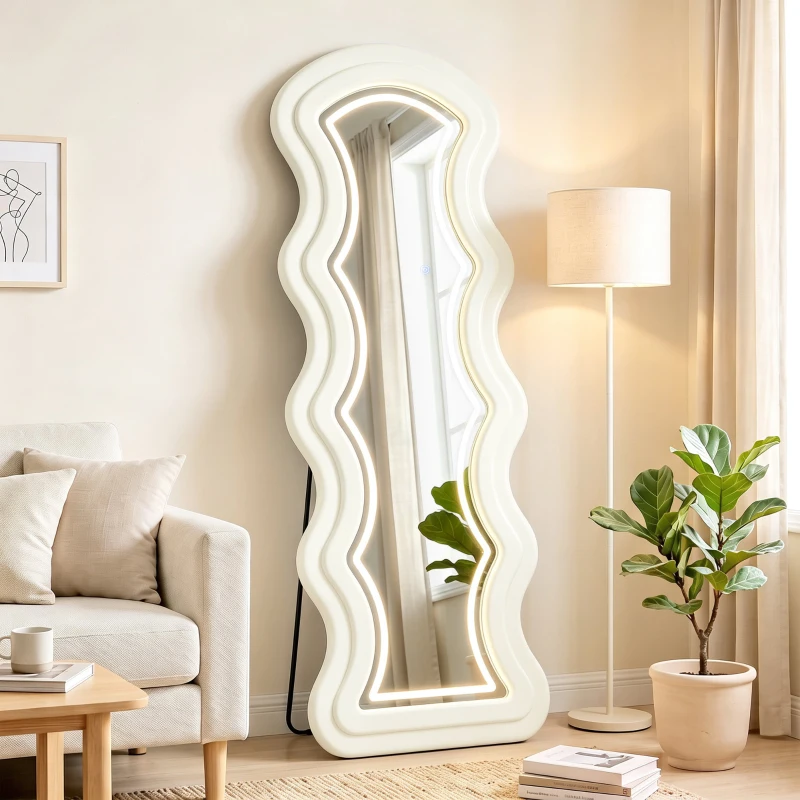 HOMCOM Miroir Pleine Longueur Ondulé 160 x 60 cm, LED 3 Couleurs, Cadre Effet Velours, Verre Trempé HD, Crème