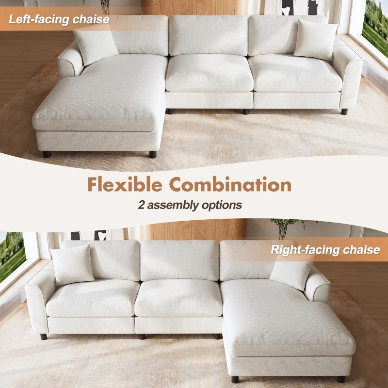 Modern L-Shaped Sectional Sofa with Reversible Chaise Lounge, Modular Corner Couch with Extra‑Wide Chaise Seat, 256L x 137W x 79H cm, Beige