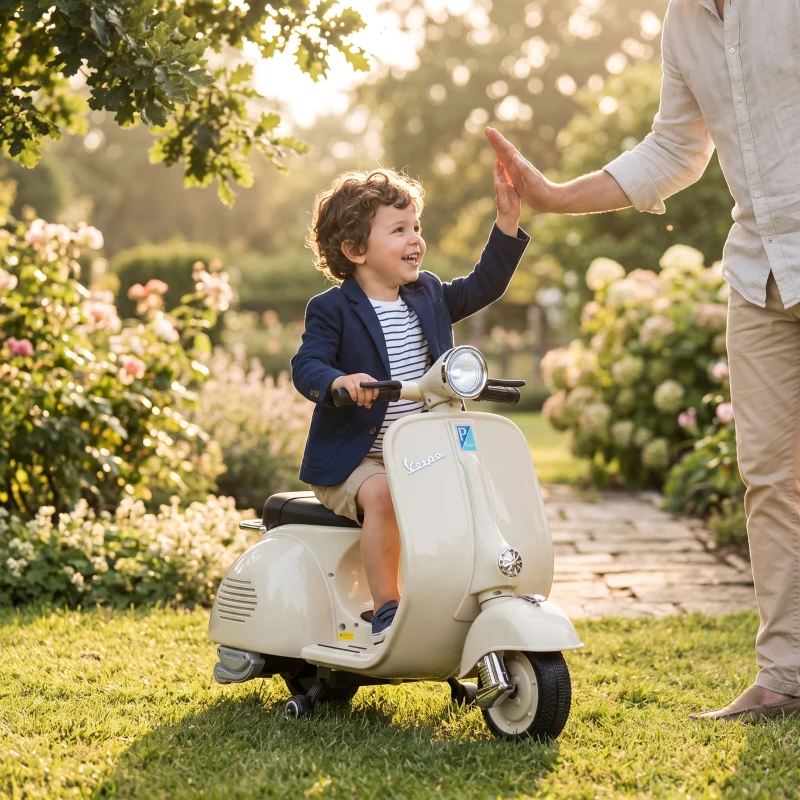 AIYAPLAY Mota Elétrica Infantil VESPA com Arranque Suave, Rodinhas, Luz, Música e USB - Branco