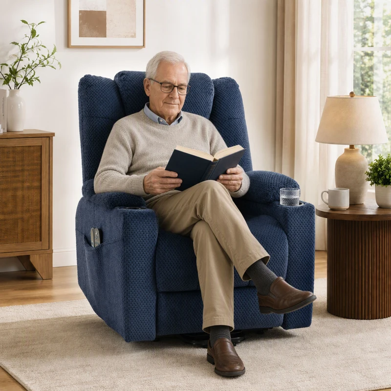 HOMCOM Sillón Elevador Eléctrico Masaje por Vibración y Calor, Sillón Relax Eléctrico en Terciopelo, Respaldo Inclinable Azul