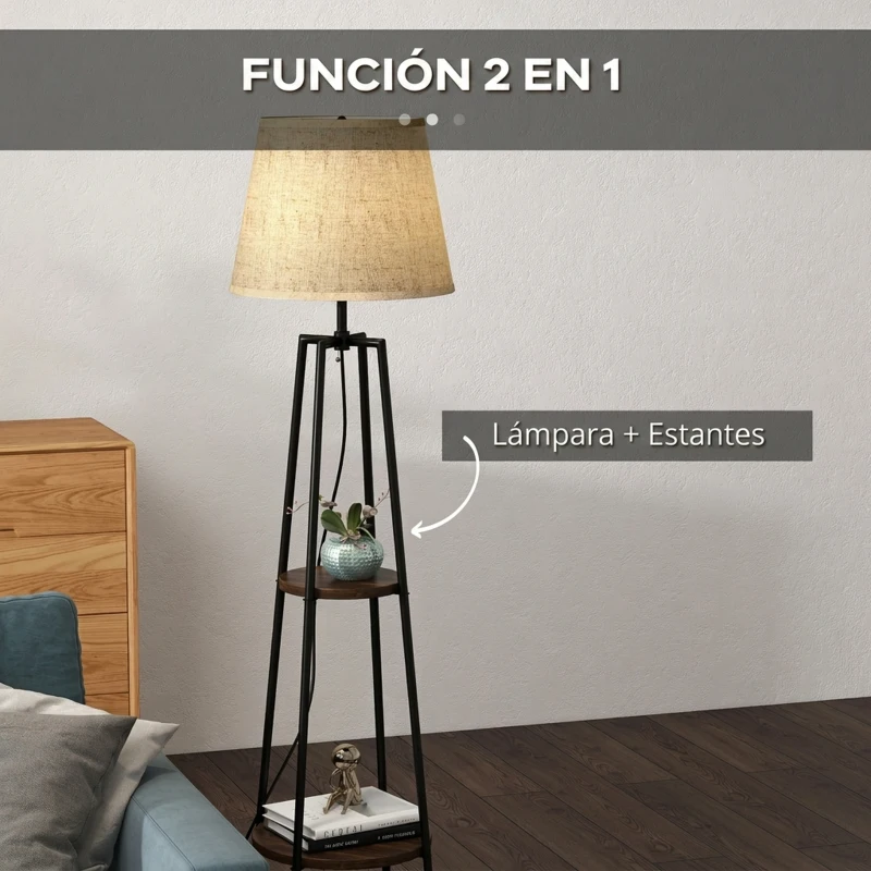 HOMCOM Lámpara de Pie con 2 Estantes de Almacenamiento con Base E27 40W Interruptor de Cadena Pantalla de Tela Marrón