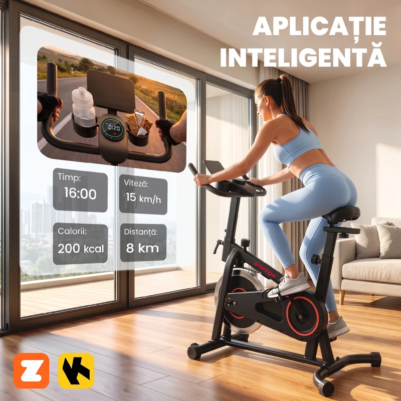 SPORTNOW Bicicletă de fitness profesională cu șa reglabilă, volantă 6 kg, 60 x 100 x 119cm, negru