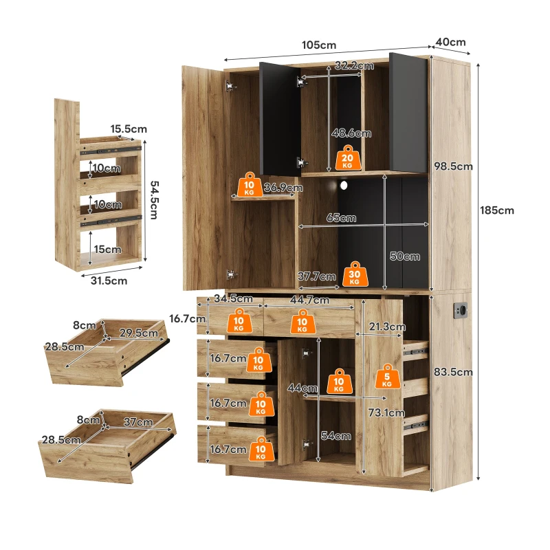 Modern Tall Kitchen Pantry Sideboard with 4-Tier Pull-Out Organiser, Freestanding Storage Cupboard with Power Outlets, 105L x 40W x 185H cm, Black