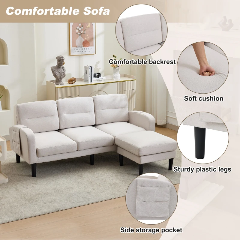 L-Shaped Sectional Sofa with Movable Chaise and Storage Pockets, Modern 3-Seater Corner Sofa for Living Room, 204L x 136W x 80H cm, Beige