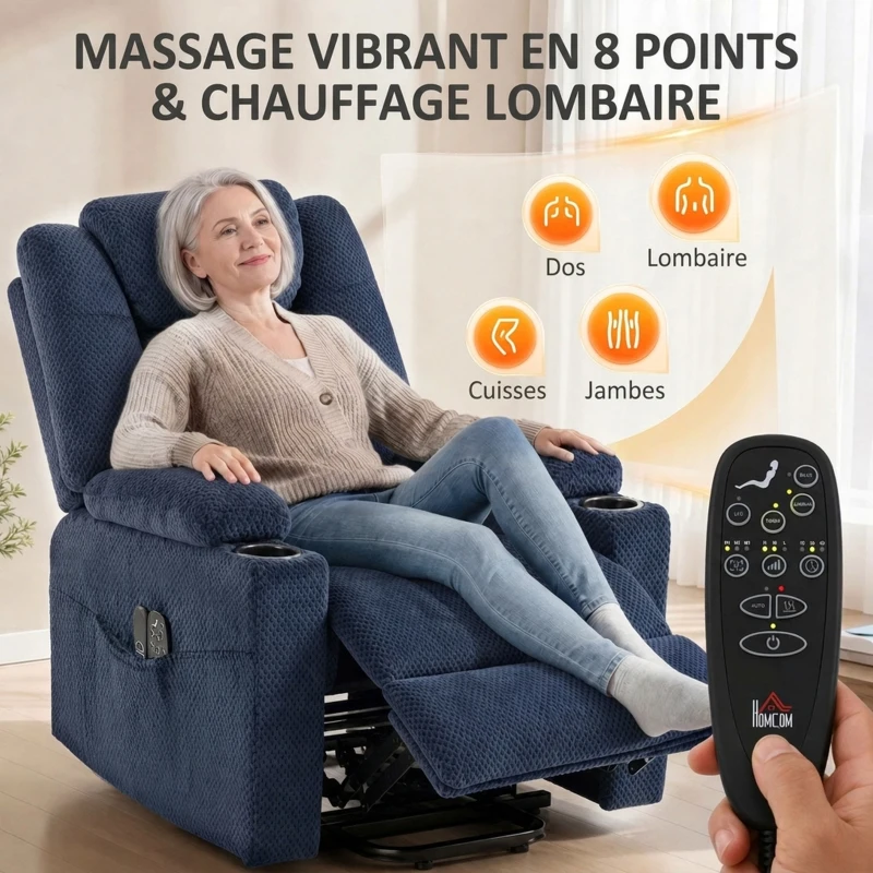 HOMCOM Fauteuil Releveur Électrique Massage Vibration et Chaleur, Fauteuil Relax Électrique en Velours, Dossier Inclinable Bleu