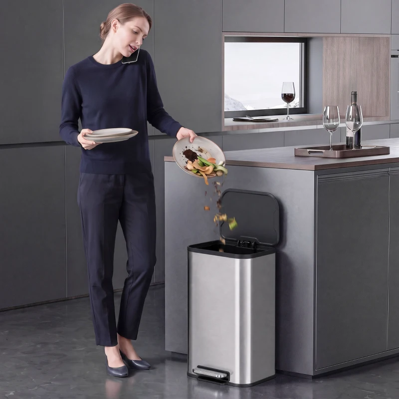 HOMCOM Papelera de cocina rectangular 30L en acero inoxidable, cierre amortiguado, cubo interior extraíble, Plata