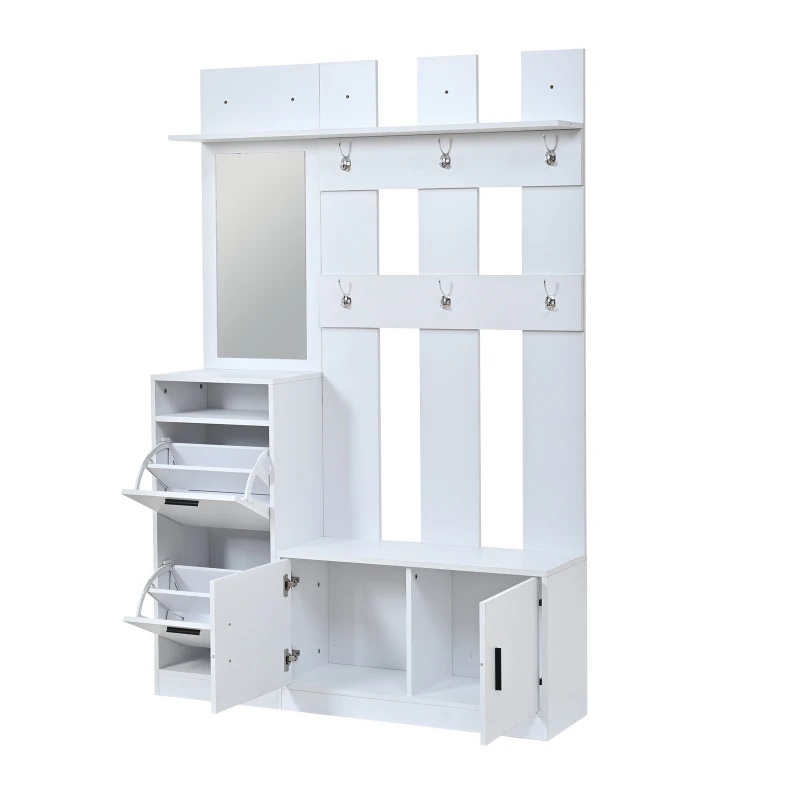 Modern Hall Tree with Coat Rack, Mirror and Shoe Bench, Space-Saving Entryway Unit with 6 Hooks and Flip Cabinets, 120L x 30W x 180H cm, White