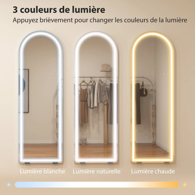 HOMCOM Miroir Pleine Longueur Arqué avec Lumières 150 x 50 cm, Couleur et Luminosité Réglables, Fonction Mémoire, Transparent
