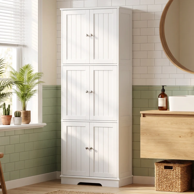 HOMCOM Armário Alto para Casa de Banho com 3 Armários de Porta Dupla e Prateleiras Ajustáveis 60x30x160 cm Branco