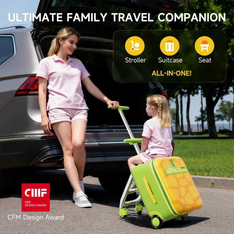 Fun Ride-On Kids Suitcase with 3-in-1 Stroller Function, Lightweight Trolley Cabin Luggage with One-Button Brake, 39L x 28.5W x 57H cm, Green