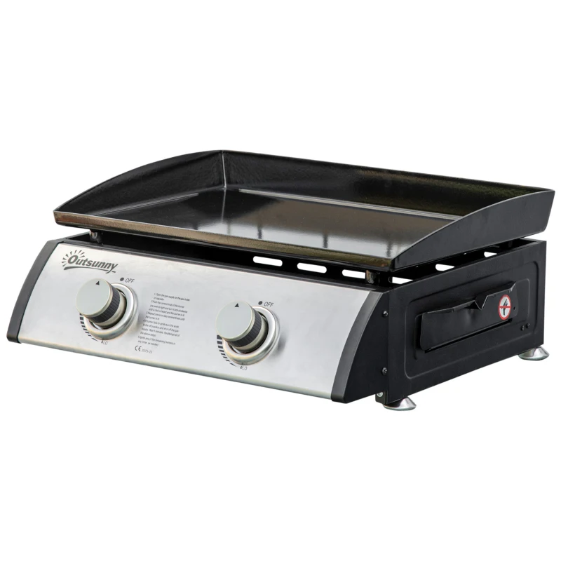 Outsunny Gas Plancha Barbecue Grill with 2 Stainless Steel Burner, 5kW, Portable Tabletop Gas BBQ with Non-Stick Griddle for Camping Picnic Garden Party Festival
