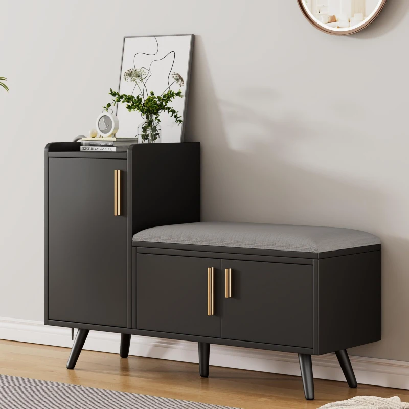 Modern Entryway Shoe Bench Storage Cabinet with Adjustable Shelves, Soft Storage Organiser Unit with Metal Handles, 100L x 34W x 69H cm, Black