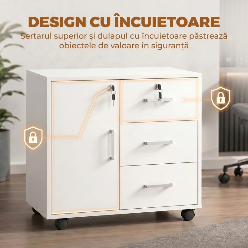 HOMCOM Dulap pentru birou cu 3 sertare și dulap cu 3 rafturi reglabile, din lemn, 60x40x56 cm, alb