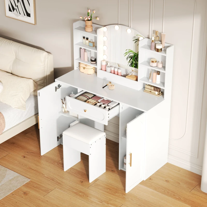 Modern Vanity Desk with Padded Stool and 2 Storage Cabinets, Makeup Dressing Table with Adjustable LED Mirror, 110L x 40W x 132H cm, White