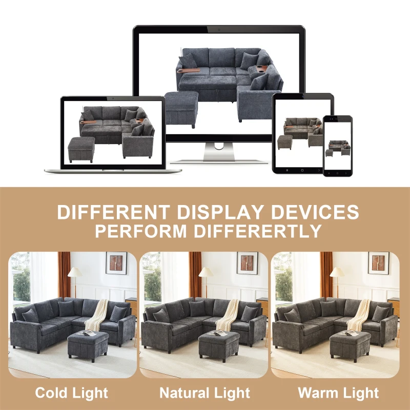 Modern Corner Sofa Bed with Reading Lamp and Fold-Out Cup Holder Table, Soft Pull-Out Sleeper Couch with Ottoman, 205L x 205W x 85H cm, Grey