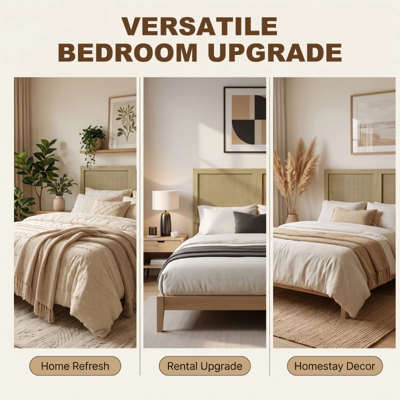 HOMCOM Tête de Lit en Bois à Effet Rotin, Design Bohème, pour Chambre à Coucher, 140 x 4 x 87 cm, Chêne