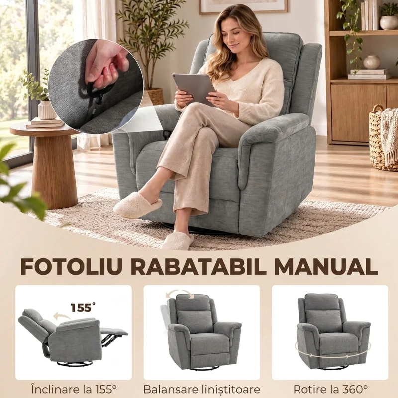 HOMCOM Fotoliu Reclinabil Manual 155° cu Suport pentru Picioare, Rotativ 360°, pentru Living, Gri Deschis