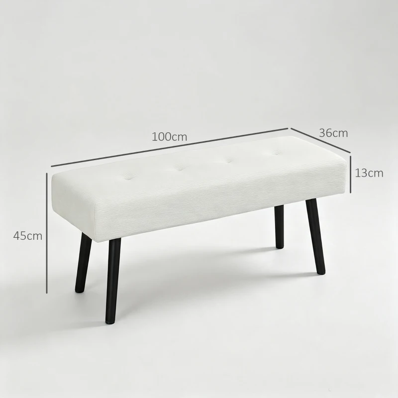 HOMCOM Banco Pie de Cama Tapizado en Pana con Asiento Acolchado Diseño Capitoné y Patas de Acero para Dormitorio Blanco Crema