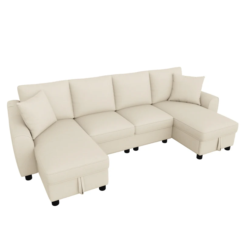 Modern Chenille U-Shaped Sectional Sofa with 2 Storage Chaise Lounges, Soft Convertible Couch with 2 Square Cushions, 272L x 131.5W x 84H cm, Beige