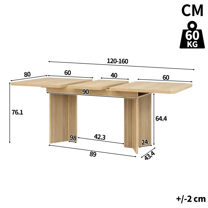 Extendable Dining Table with Grooved V-Shaped Legs, Space-Saving Dining Table for Flats and Family Meals, 120-160L x 80W x 76H cm, Natural
