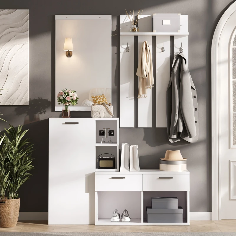 Hallway Storage Unit with Mirror and 4 Hooks, Space-Saving Shoe Cabinet with 10 Compartments for Entryway, 120L x 35W x 175.5H cm, White