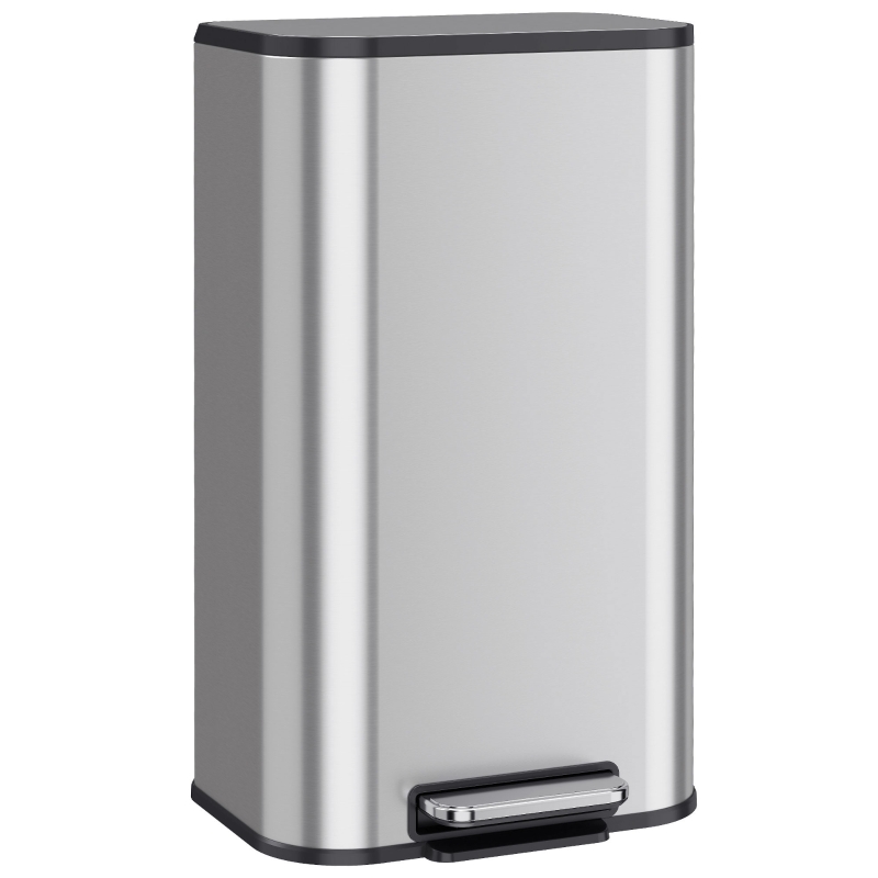 HOMCOM Papelera de cocina rectangular 30L en acero inoxidable, cierre amortiguado, cubo interior extraíble, Plata