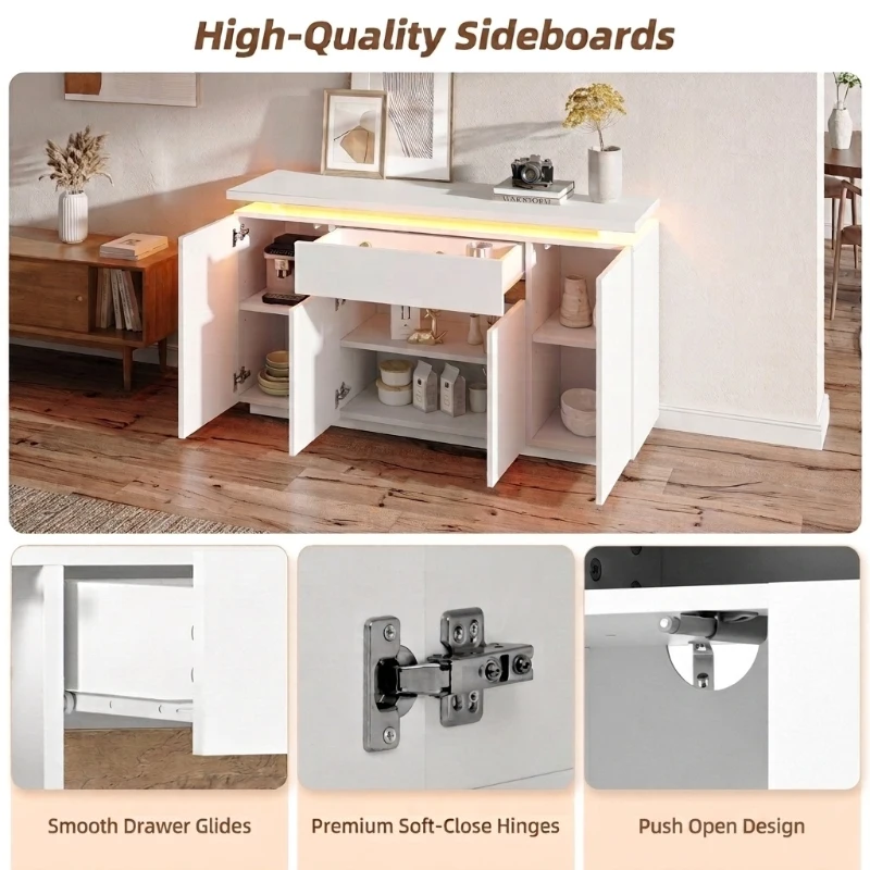 Modern LED Sideboard with 4 Doors and Large Drawer, Freestanding Buffet Cupboard for Living Room, 140L x 40W x 80H cm, White+Natural