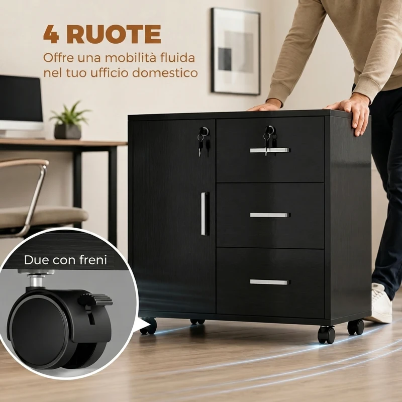 HOMCOM Mobile Con 3 Cassetti, Mensola Regolabile, Supporto Stampante e Serratura, Nero