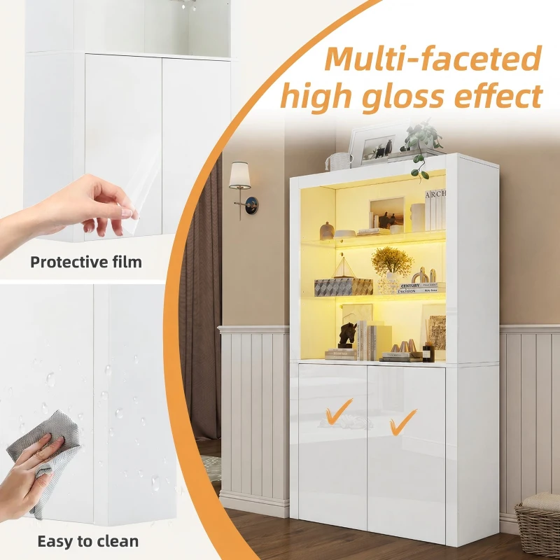 High-Gloss Display Cabinet with Bluetooth-Controlled LED Lighting, Tall Storage Cabinet for Living Room and Playroom, 100L x 35W x 170H cm, White