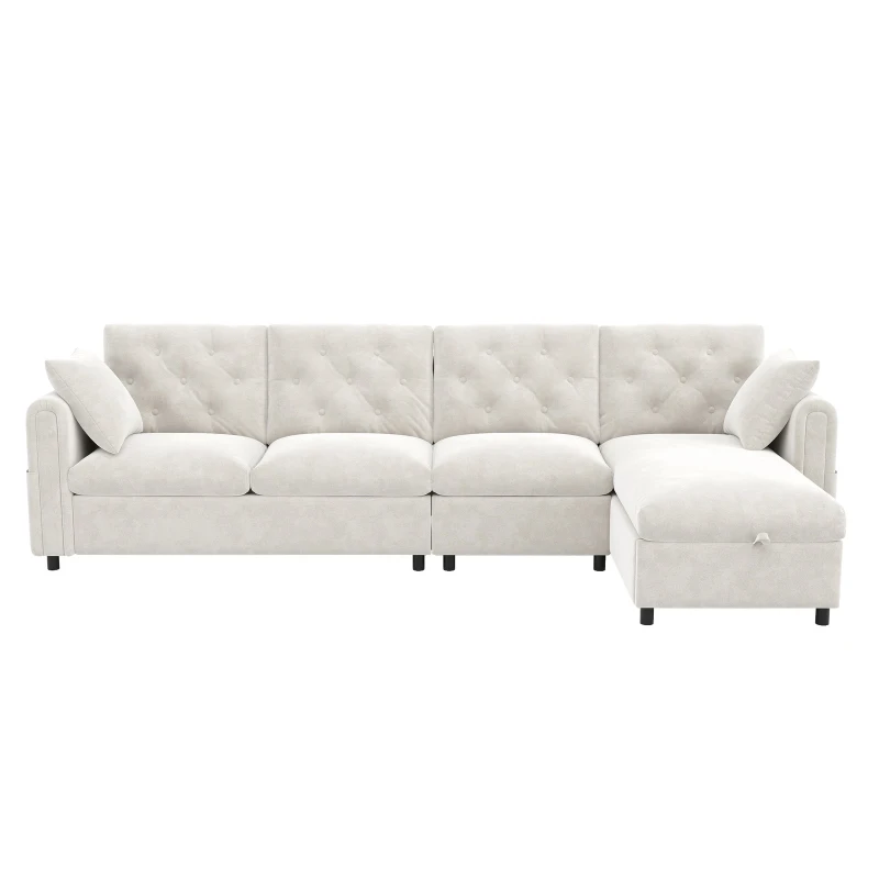 Modern Velvet L-Shaped Sectional Sofa with Storage Chaise and Tufted Back, Soft Corner Couch with Reversible Corner, 281L x 132W x 86H cm, BeigeStorage Chaise
