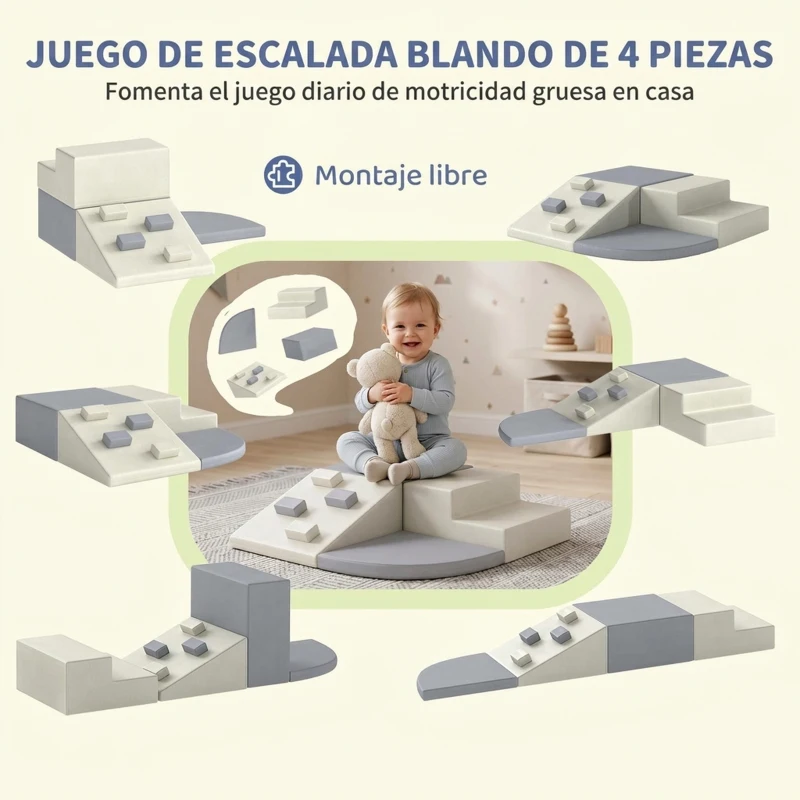 AIYAPLAY Juego de 4 Bloques de Espuma para Niños de Psicomotricidad Tapizados en PU Escalar y Gatear 1-3 Años Gris Claro y Beige