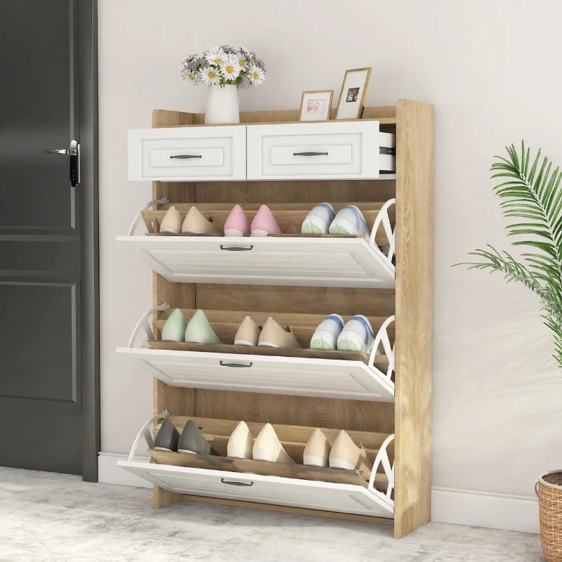 Modern Wooden Shoe Cabinet with 3 Flip Louvered Doors, Space-Saving Organiser Cupboard with 2 Drawers, 80L x 23.5W x 131H cm, White+Natural