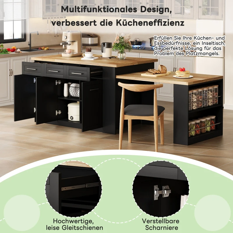 Modern Kitchen Island with Hidden Extendable Dining Table, Mobile Breakfast Bar with Marble-Effect Worktop, 150L x 90W x 90H cm, Black+Natural