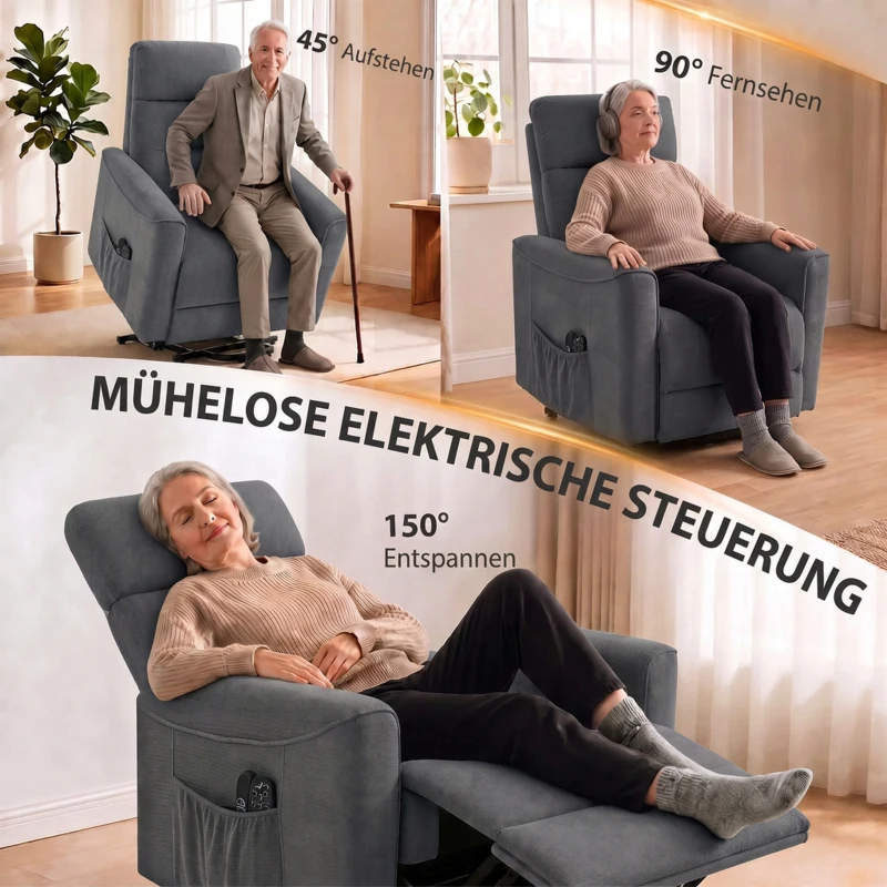 HOMCOM Relaxsessel mit elektrischer Aufstehhilfe, Massage & Wärme, Chenille-Sessel mit Federkern, Dunkelgrau