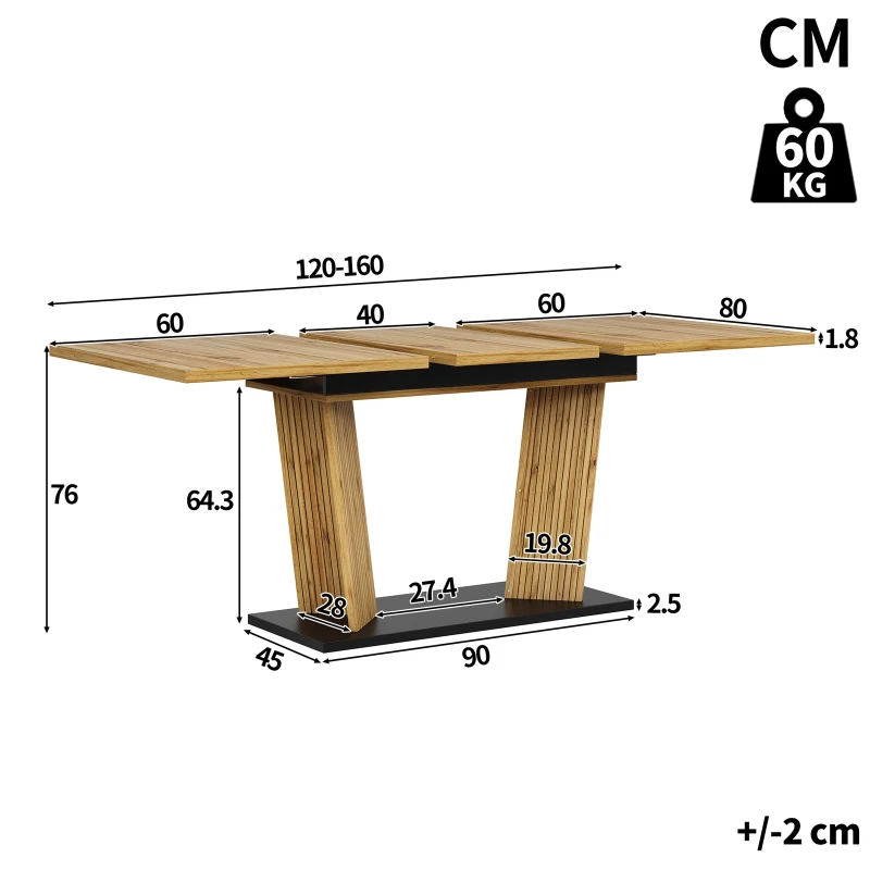 Modern Extendable Dining Table with Grooved Support Legs, Space-Saving Kitchen Table for Flats and Dining Rooms, 120L x 80W x 76H cm, Oak