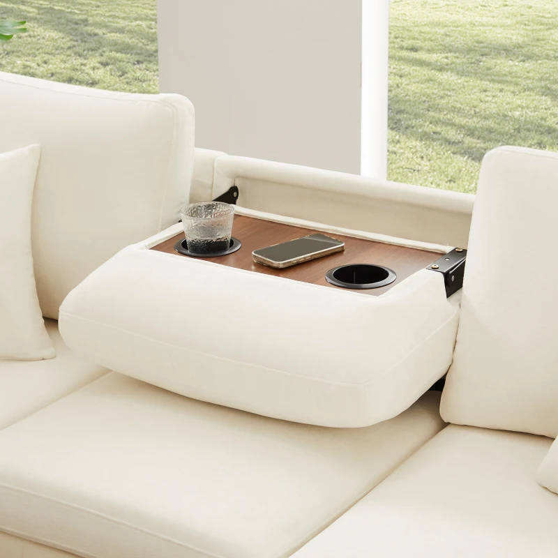 Modern Corner Sofa Bed with Reading Lamp and Fold-Out Cup Holder Table, Soft Pull-Out Sleeper Couch with Ottoman, 205L x 205W x 85H cm, Beige